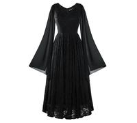 SCARLET DARKNESS Ladies Medieval Black Maxi Dresses for Women UK V Neck Long Sleeve A-Line Elegant Wedding Dress L