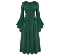SCARLET DARKNESS Ladies Medieval Dress Vintage V Neck Long Bell Sleeve Maxi Renaissance Fancy Dresses for Halloween Cosplay Dark Green L