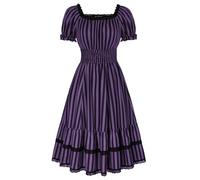 SCARLET DARKNESS Ladies Renaissance Steampunk Dress Off Shoulder Lace Medieval Gothic Vertical Stripes Pirate Dresses for Women Purple and Black Vertical Stripes Plus Size XL