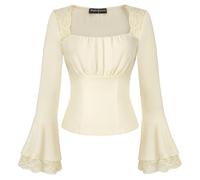 SCARLET DARKNESS Ladies Renaissance Tops Elegant Lace Square Neck Victorian Blouse Long Sleeve Slim Fit Shirts for Women UK Beige L