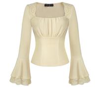 SCARLET DARKNESS Ladies Renaissance Tops Elegant Lace Square Neck Victorian Blouse Long Sleeve Slim Fit Shirts for Women UK Light Yellow L