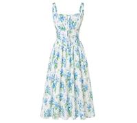 SCARLET DARKNESS Ladies Victorian Corset Smocked A-Line Dresses Tie Front Square Neck Sleeveless Floral Sun Dresses Blue Hydrangea S