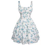 SCARLET DARKNESS Ladies Victorian Corset Smocked A-Line Lolita Dresses Square Neck Sleeveless Strappy Blue Floral Sun Dresses S