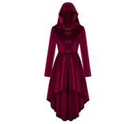 Scarlet Darkness Long Jackets for Women Velvet Renaissance Victorian Medieval Hooded Coat, Wine Red, X-Large