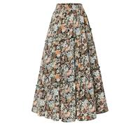 Scarlet Darkness Patchwork Tiered Maxi Renaissance Boho Skirt with Pockets, Multicolored Bloom Floral, L