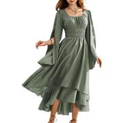 SCARLET DARKNESS Ren Faire Medival Fairy Dress for Women Long Sleeve with Slit A Line Lolita Dress Light Gray Green S