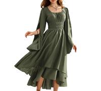 SCARLET DARKNESS Ren Faire Medival Pirate Dress for Women Long Sleeve with Slit A-Line Fairy Dress Olive Green S