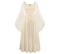 Scarlet Darkness Renaissance Costume Women Lace Up Split Bell Sleeve Medieval Dress, Apricot, Small