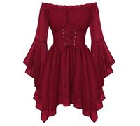 Scarlet Darkness Renaissance Dress Women Pirate Costume Off the Shoulder Chiffon Corset Fairy Flowy Mini Dresses, Dark Red, XXL