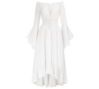Scarlet Darkness Renaissance Faire Costume Women Off Shoulder Long Bell Sleeve High Low Dress, White, L
