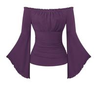 SCARLET DARKNESS Renaissance Pirate Wrap Top Women Off the Shoulder Flare Sleeve Blouse Medieval Gothic Halloween Costume Purple