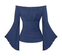 SCARLET DARKNESS Renaissance Pirate Wrap Top Women Off the Shoulder Flare Sleeve Blouse Medieval Gothic Halloween Costume Navy