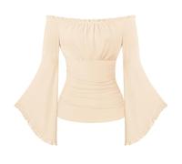 SCARLET DARKNESS Renaissance Pirate Wrap Top Women Off the Shoulder Flare Sleeve Blouse Medieval Gothic Halloween Costume Apricot M