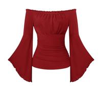 SCARLET DARKNESS Renaissance Pirate Wrap Top Women Off the Shoulder Flare Sleeve Blouse Medieval Gothic Halloween Costume Dark Red XL