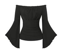 SCARLET DARKNESS Renaissance Pirate Wrap Top Women Off the Shoulder Flare Sleeve Blouse Medieval Gothic Halloween Costume Black S