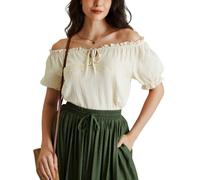 Scarlet Darkness Renaissance Shirt Women Summer Crew Neck Short Sleeve Peasant Tops, Beige, S