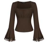SCARLET DARKNESS Renaissance Shirts Lace Elegant Square Neck Medieval Pirate Long Bell Sleeve Party Tops for Women UK Coffee XXL