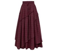 Scarlet Darkness Scarlet Darkness Women Renaissance Layered Long Skirt Elastic High Waist Tiered Skirt with Pockets, Wine Plaid, S