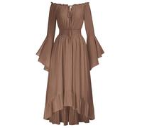 SCARLET DARKNESS Summer Dress Medieval Renaissance Off The Shoulder Long Bell Sleeve High-Lo Vintage Cosplay Dresses for Women UK Brown L