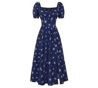 Scarlet Darkness Summer Spring Split Floral Corset Midi Dress with Pockets, Navy Blue Floral, M