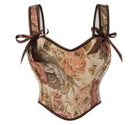 SCARLET DARKNESS Vintage Corset Top for Women Bustier Curved Hem Lace-up Victorian Crop Tops Dark Apricot Floral 14