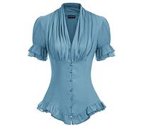 SCARLET DARKNESS Women 2024 Summer Short Sleeve Shirt Dressy Victorian Blouse Lace Up Top, Blue Haze, XXL
