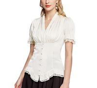 Scarlet Darkness Women 2024 Summer Short Sleeve Shirt Dressy Victorian Blouse Lace Up Top, White, M