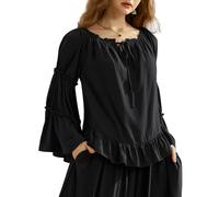 Scarlet Darkness Women Bell Sleeve Off The Shoulder Tops Ruffle Casual Loose Renaissance Peasant Blouse, Black, M