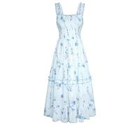 SCARLET DARKNESS Women Cottagecore Dresses Spaghetti Smocked Layered Hem Midi A-Line Summer Dress Light Blue Floral XXL