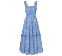 SCARLET DARKNESS Women Cottagecore Dresses Spaghetti Smocked Square Neck Midi A-Line Summer Dress Blue White Floral XXL