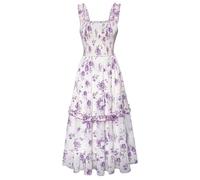SCARLET DARKNESS Women Cottagecore Dresses Spaghetti Smocked Square Neck Midi A-Line Summer Dress Purple Floral XXL