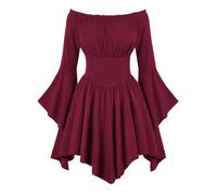 Scarlet Darkness Women Goth Witch Halloween Cosplay Costume Off Shoulder Bell Sleeve Dress Wine L