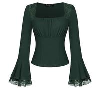 SCARLET DARKNESS Women Gothic Victorian Blouse Lace Long Sleeve Tops for Going Out Christmas Party Square Neck Slim Fit Shirts Dark Green L