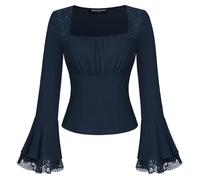 SCARLET DARKNESS Women Gothic Victorian Blouse Lace Long Sleeve Tops for Going Out Christmas Party Square Neck Slim Fit Shirts Dark Blue L