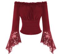 SCARLET DARKNESS Women Medieval Blouse Elastic Waist Shirts Long Puff Sleeve with Lace Vintage Blouses Red XXL