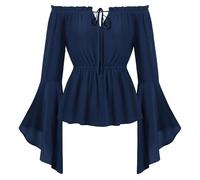 SCARLET DARKNESS Women Medieval Renaissance Top Long Sleeve Victorian Blouse Off Shoulder Pirate Retro Steampunk Tops Navy Blue M
