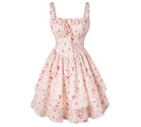 SCARLET DARKNESS Women Mini Summer Dresses Spaghetti Strap Corset Dress Beach Sundress Victorian Milkmaid Dress Beige Red Floral XXL