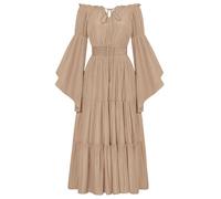 SCARLET DARKNESS Women Off The Shoulder Medieval Costume Khaki Pirate Vintage Dresses Bell Sleeve Lace-up Maxi Long Dress for Summer Beach Party S