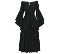 SCARLET DARKNESS Women Off The Shoulder Medieval Costume Peasant Black Gothic Dresses Bell Sleeve Lace-up Maxi Long Dress A-Line Tiered Dress S