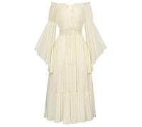 SCARLET DARKNESS Women Off The Shoulder Medieval Costume Peasant Pirate Dresses Bell Sleeve Lace-up Maxi Long Dress A-Line Tiered Dress Apricot S