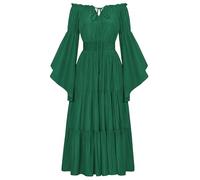 SCARLET DARKNESS Women Off The Shoulder Victorian Cute Peasant Dresses Bell Sleeve Lace-up Maxi Long Dress A-Line Tiered Dress Green S