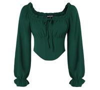 SCARLET DARKNESS Women Pirate Shirt Smocked Waist Crop Tops Long Lantern Sleeve Corset Vintage Victorian Blouse Dark Green M