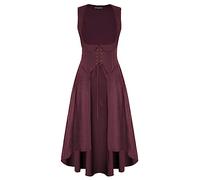 Scarlet Darkness Women Renaissance Costume Underbust Pirate Peasant High Low Dress with Pockets, Wine, XXL