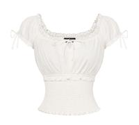 SCARLET DARKNESS Women Renaissance Cotton Short Sleeve Square Neck Top Smocked Waist U-Back Ruffled Cuff Blouses White XXL
