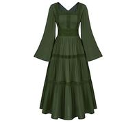 SCARLET DARKNESS Women Renaissance Dress Pirate Peasant Dress Bell Sleeves Tiered Flowy Long Dress, Green, XL