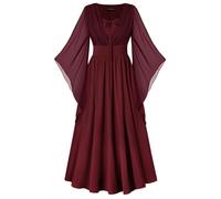 SCARLET DARKNESS Women Renaissance Lace-up Bell Sleeves Medieval Maxi Dress | V-Neck, 3/4 Bell Sleeves, Lace-up Front, High Waist, Smocked Back, Slit at the front left hem, Pockets on Both Sides