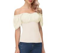 Scarlet Darkness Women Renaissance Shirt Off Shoulder Flutter Short Sleeve Top Summer Square Neck Peasant Blouse, Beige, M