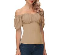 Scarlet Darkness Women Renaissance Shirt Off Shoulder Flutter Short Sleeve Top Summer Square Neck Peasant Blouse, Khaki, S