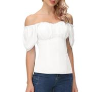 Scarlet Darkness Women Renaissance Shirt Off Shoulder Flutter Short Sleeve Top Summer Square Neck Peasant Blouse, White, S