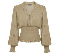 SCARLET DARKNESS Women’s Renaissance Pullover Tops Cottagecore Victorian Vintage Smocked Blouses Long Sleeve V Neck Khaki XL